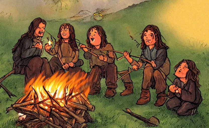 Prompt: childrens book illustration of the fellowship of the ring roasting marshmallows and making s'mores around a campfire