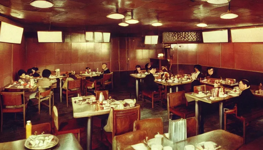 Image similar to 70s movie still of north korean restaurant, eastmancolor, heavy grain, high quality, higly detailed, liminal space