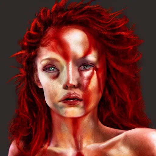 Image similar to a highly detailed headshot portrait of a beautiful red haired woman wearing a dress made of fire concept art