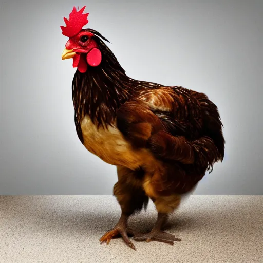 Prompt: a high quality photo of a chicken wearing a suit, 8k, Greg Rutkowsky