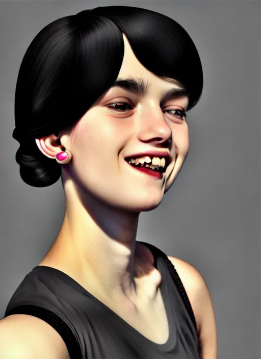 Prompt: fully body portrait of high school girl, realistic, black hair, bangs, half updo hairstyle, pointy nose, skinny, smile, ugly, defined jawline, big chin, hair bow, earrings, intricate, elegant, glowing lights, highly detailed, digital painting, artstation, sharp focus, illustration, art by wlop, mars ravelo and greg rutkowski