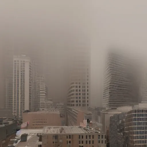 Image similar to a foggy city with tall buildings and a monster obscured by the fog moving between the buildings, found footage style, 8k, hyper realistic