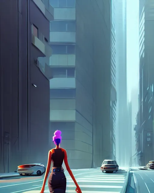 Prompt: a woman walking down a street next to tall buildings, cyberpunk art by goro fujita, cgsociety, photorealism, speedpainting, artstation hq, artstation hd