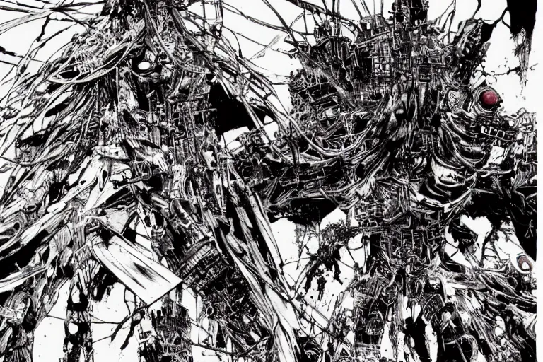 Image similar to remnants of the human civilization, survivors, a color illustration by tsutomu nihei, tetsuo hara and katsuhiro otomo