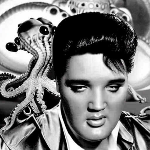 Image similar to photograph of elvis meeting octopus aliens from another world, in alien spaceship