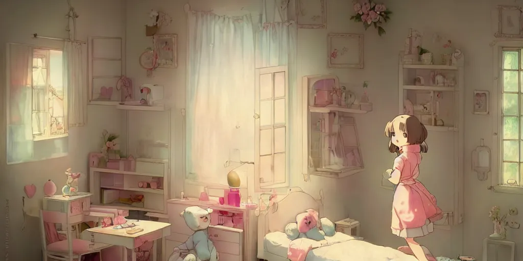 Prompt: lab to create a cute teddy bear walking out of a doll house inside a girl's room, natural lighting, playful color scheme, intricate details, matte painting, illustration, by hayao miyazaki