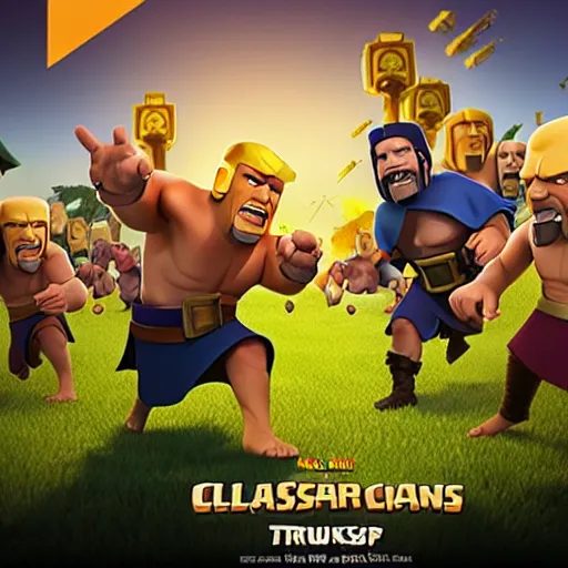 Image similar to clash of clans film poster concept featuring Obama and Trump