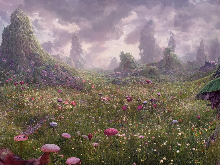 Image similar to the wasteland filled with giant flowers and mushrooms, au naturel, hyper detailed, digital art, trending in artstation, cinematic lighting, studio quality, smooth render, unreal engine 5 rendered, octane rendered, art style by klimt and nixeu and ian sprigger and wlop and krenz cushart