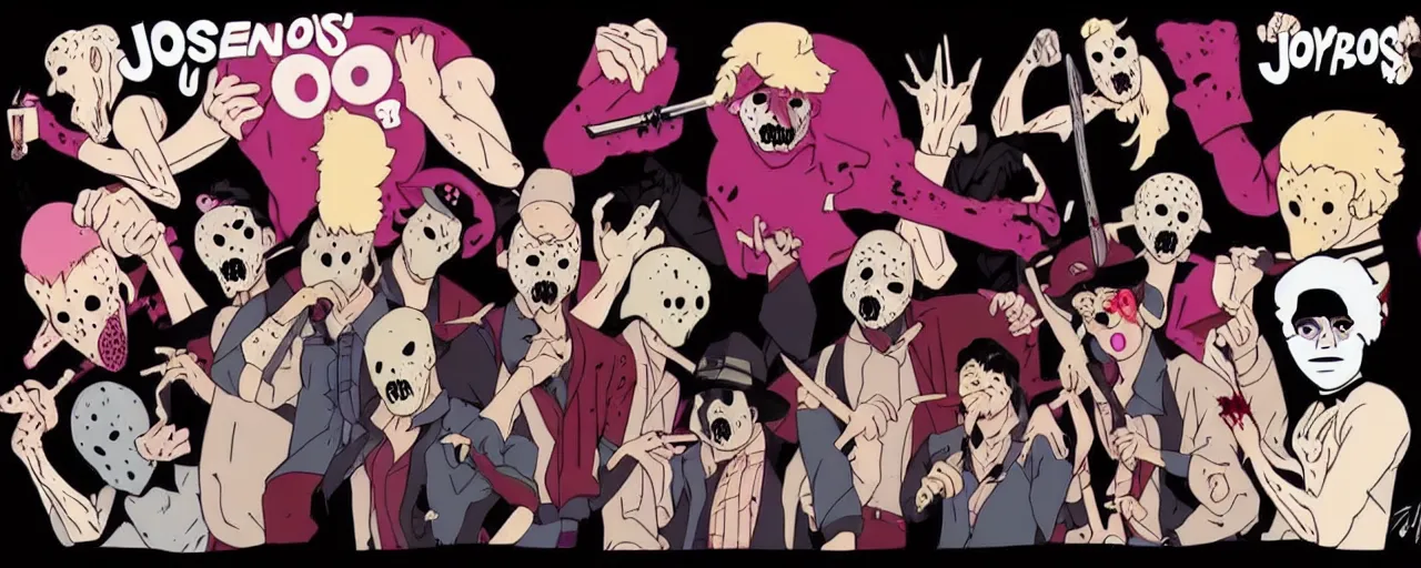 Prompt: Jason Vorhees in the style of JoJo’s bizarre adventure. Award winning. Cel animation