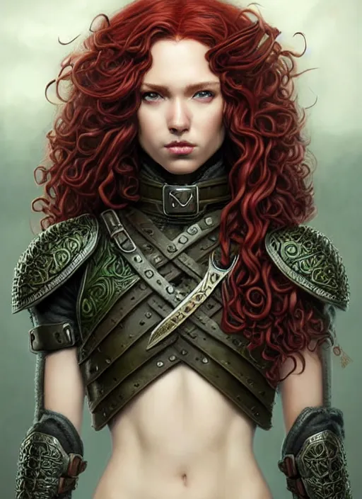 Image similar to ranger, leather armor!!! long curly red hair!! covered chest!!! green eyes, fantasy, d & d, intricate ornate details, digital painting, pretty face!!, symmetry, concept art, sharp focus, illustration, art by artgerm! greg rutkowski magali villeneuve wlop! ilya kuvshinov!!, octane render