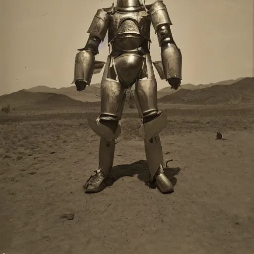 Image similar to photograph of a man in a very oversized mech armor that is 3 0 feet tall and 1 0 feet wide. his head is very small sticking out of the armor. desert setting. high detail.