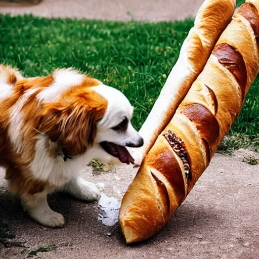 Prompt: san bernardo dog eating a baguette, photography