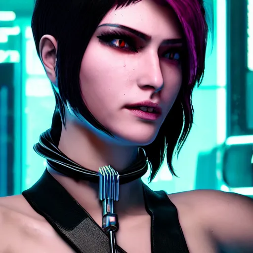 Image similar to female V from Cyberpunk 2077 wearing spiked steel choker, steel collar, steel choker, punk, steel collar, 4K, realistic, spiked collar, portrait, art, beautiful,