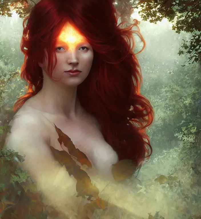 Prompt: portrait of a red haired woman wearing a satin dress, autumn leaves falling, dramatic volumetric lighting, god rays, global illumination, soft, sharp focus, sci-fi, ivy, moss, trending on artstation, intricate concept art by Greg Rutkowski and artgerm and and Alphonse Mucha