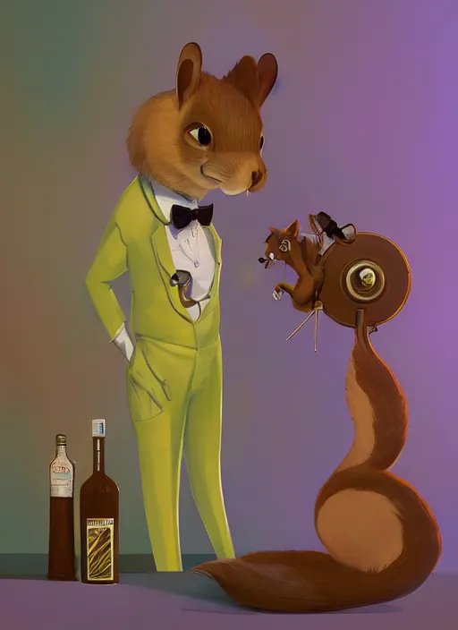 Prompt: squirrel anthro as a dapper bartender with a big, fluffy tail, retro futurism, art deco, detailed, painterly digital art by WLOP and Cory Loftis and Quint Buchholz, 🐿🍸🍋, furaffinity, trending on artstation