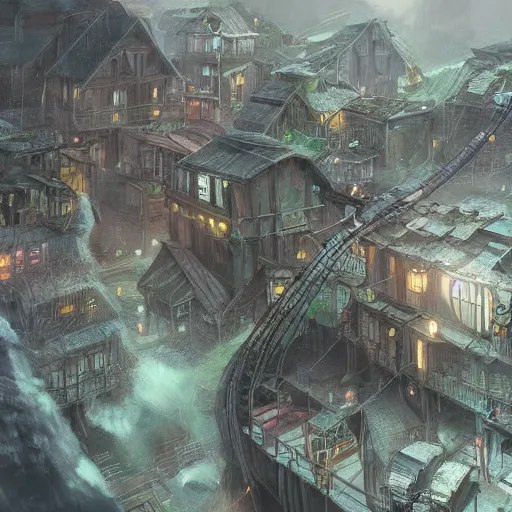 Prompt: a tiny miniscule town living on the thread of a spiders web, fantasy concept art, trending on art station, stunning visuals, creative, cinematic, ultra detailed