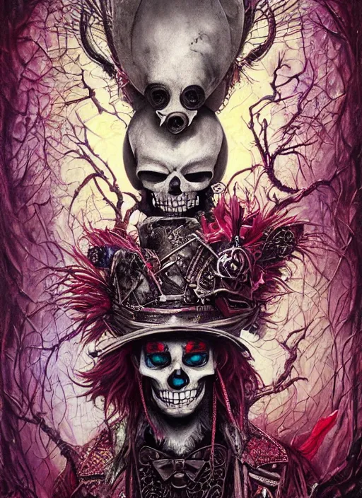 Image similar to mad hatter, aztec god, skull, highly detailed, cinematic, 8 k, by megan duncanson, benjamin lacombe, adrian borda, stanley artgermm, tom bagshaw, craig mullins, carne griffiths, ayami kojima, beksinski, giger, trending on deviantart, hyper detailed, horror, full of colour