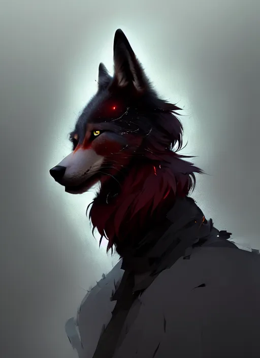 Image similar to award winning portrait of a male anthropomorphic dark gray wolf red hair. character design by cory loftis, fenghua zhong, ryohei hase, ismail inceoglu and ruan jia. artstation, artistic lighting, highly detailed, photorealistic, fantasy