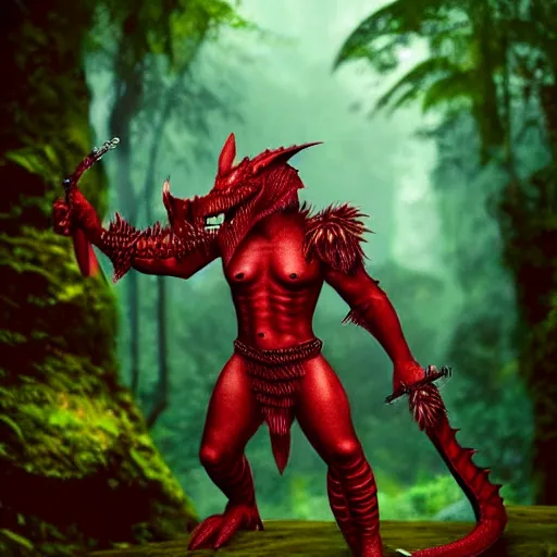 Image similar to A dragonborn with red scales and wings, wearing viking armor, in a rainforest, trending on artstation