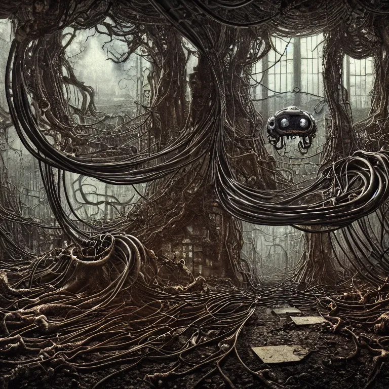 Prompt: cables steampunk computers connected to monster head, brains on jar, panels control still life of ribbed abandoned forest landscape, covered with roots, wires, tubes, standing in a desolate empty wasteland, creepy, nightmare, dream-like heavy atmosphere, surreal abandoned buildings, baroque painting, beautiful detailed intricate insanely detailed octane render trending on Artstation, 8K artistic photography, photorealistic, chiaroscuro, Raphael, Caravaggio, Beksinski, Giger