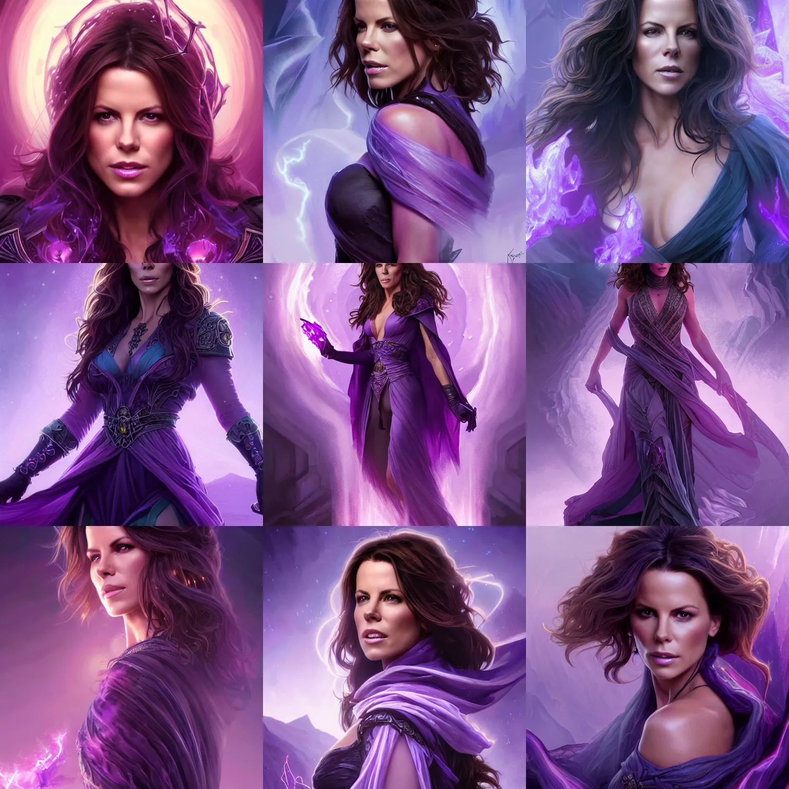 Prompt: kate beckinsale as a necromancer glowing with purple magic, glacier landscape, d & d, fantasy, intricate, elegant, highly detailed, digital painting, artstation, concept art, matte, sharp focus, illustration, art by artgerm and greg rutkowski and alphonse mucha