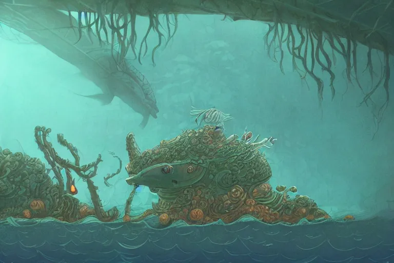 Prompt: Fantastical aquatic creatures surrounding a submarine in a murky underwater forest by Shaun Tan and Moebius, trending on artstation