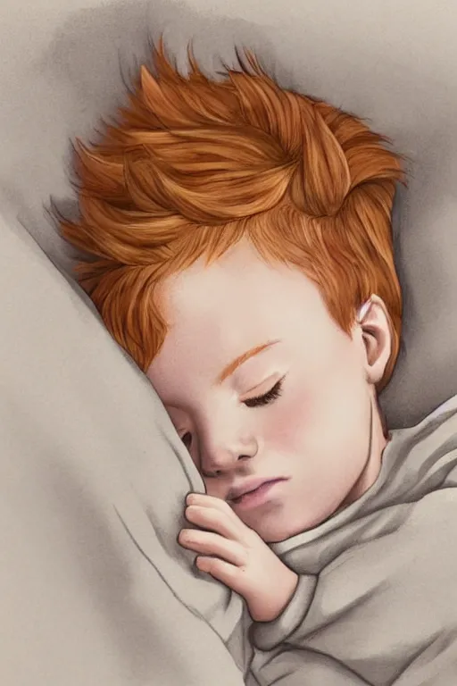 Image similar to a little boy with ginger hair curled up asleep in a cozy room. clean elegant simple illustration, beautiful detailed face.