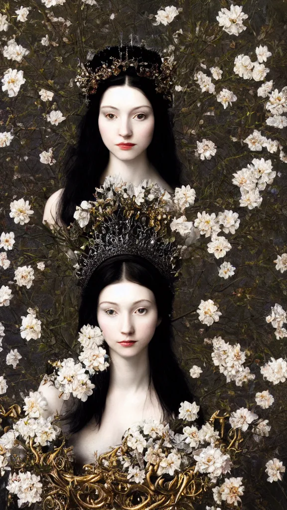 Image similar to a closeup portrait of a beautiful black haired woman with pale skin and a crown on her head sitted on an intricate metal throne, in an infinite landscape of flowers, photograph by caravaggio, canon eos c 3 0 0, ƒ 1. 8, 3 5 mm, 8 k, medium - format print