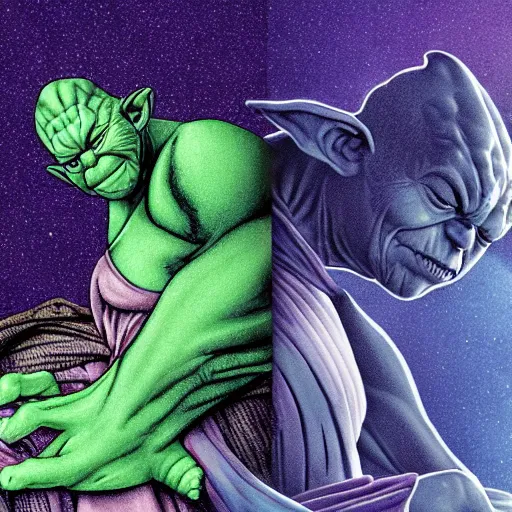 Image similar to photo of thanos sleeping in bed next to yoda