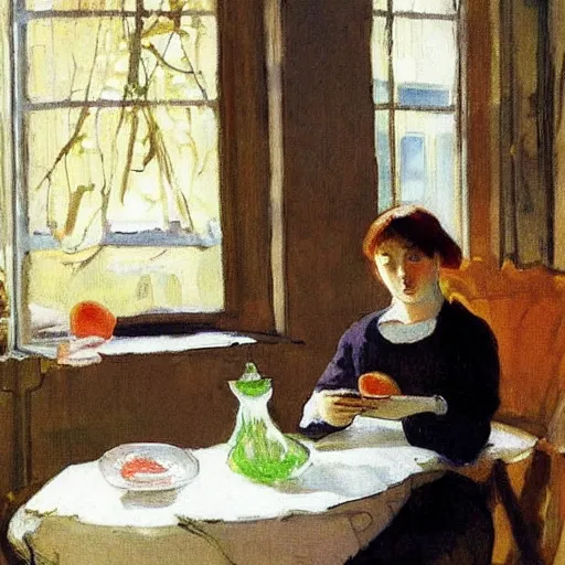 Prompt: a girl with iphones on a table sits at a table in a sunny room, the window is open, girl with peaches and iphones, by valentin serov