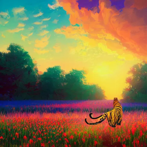 Image similar to a tiger watching a sunset, surreal photography, flower field, beautiful sunset on a summer day light, impressionist painting, colorful clouds, blue sky, digital painting, artstation, simon stalenhag