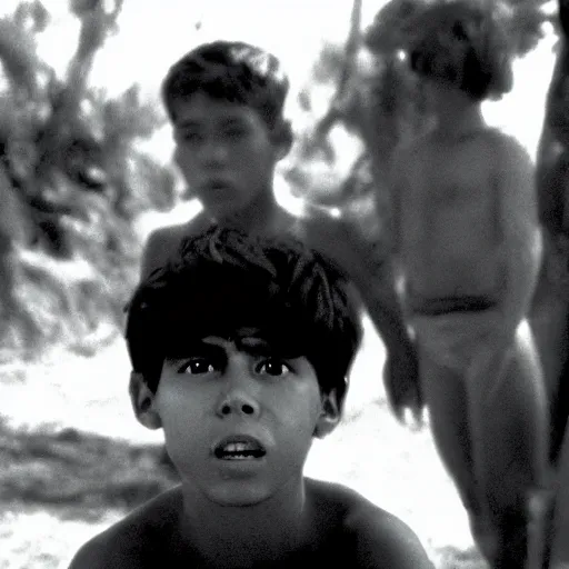 Image similar to ricky garcia plays ralph in lord of the flies ( 1 9 6 3 ), 3 5 mm black and white, highly detailed, cinematic lighting