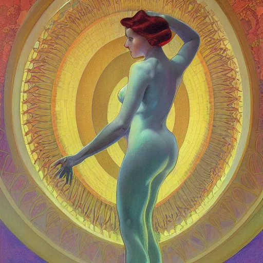 Prompt: a streamline moderne painting in the style of donato giancola, and in the style of maxfield parrish, and in the style of alphonse mucha. symmetry, smooth, sharp focus, semi - realism, intricate detail.