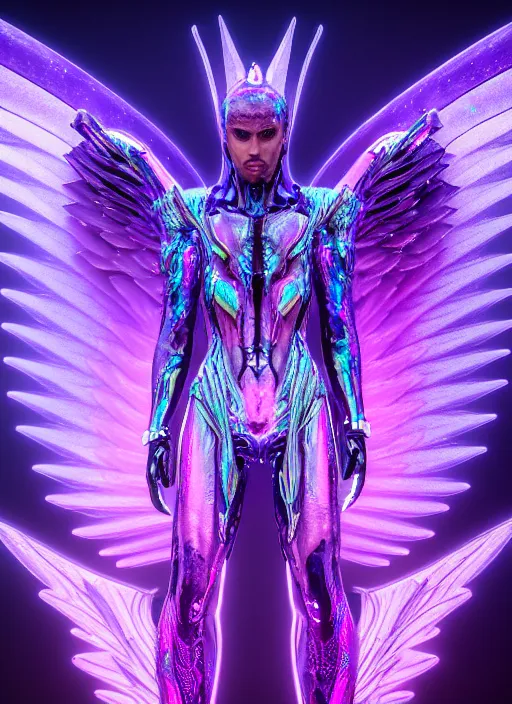 Image similar to a photo of 8 k ultra realistic archangel with 6 wings, full body, intricate purple and blue hard surfaces, futuristic, science fiction themes, highly saturated colors, holographic undertones, overdetailed art, concept art, detailed illustration, hd, 4 k, octane rendered