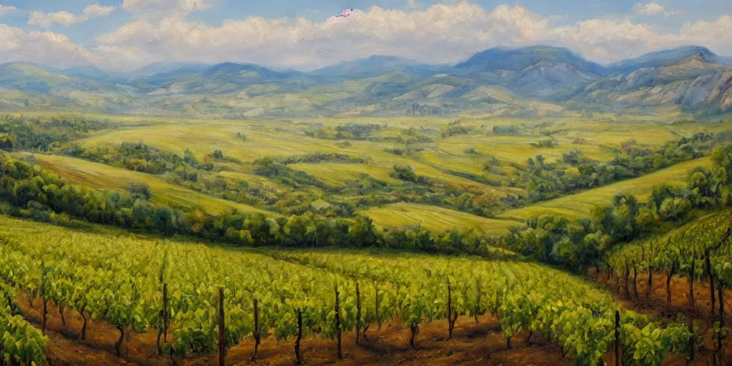 Image similar to a beautiful landscape painting of a sprawling vista with vineyards, by zohar flax, oil on canvas, highly detailed, hd, 4 k