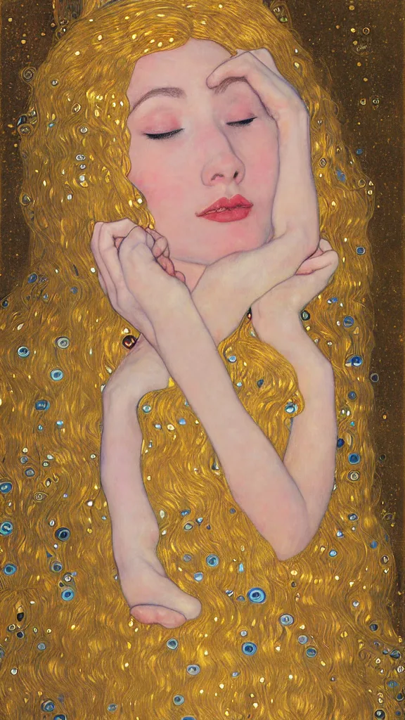 Image similar to a soft and breathtaking detailed painting of a full body sleeping blonde princess in the style of Gustav Klimt, blonde hair, shiny gold, elegant, highly detailed, artstation, fluo colors, concept art, matte, sharp focus, art by Gustav Klimt