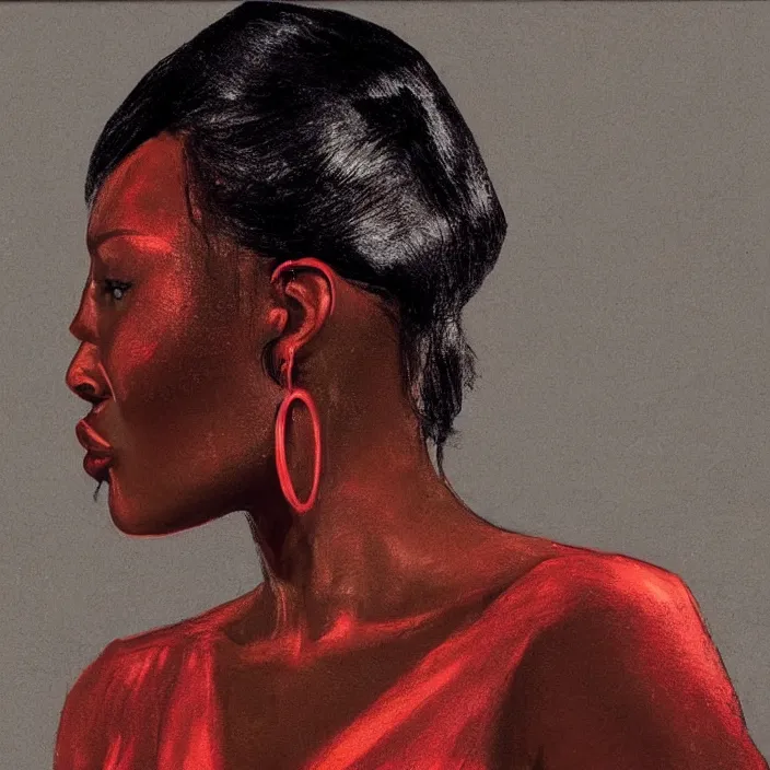 Image similar to Naomi Campbell by Lynette Yiadom-Boakye. details, smooth, sharp focus, illustration, realistic, cinematic, artstation, award winning, rgb , unreal engine, octane render, cinematic light, macro, depth of field, blur, red light and clouds from the back, highly detailed epic cinematic concept art CG render made in Maya, Blender and Photoshop, octane render, excellent composition, dynamic dramatic cinematic lighting, aesthetic, very inspirational, arthouse.