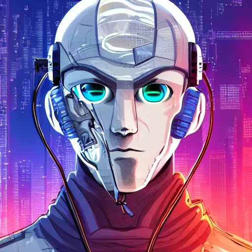 Prompt: Male cyborg, battle-damaged, wearing facemask, youthful face, blue eyes, backlit by neon, headshot, sci-fi, wires, cables, lenses, gadgets, Digital art, detailed, anime, artist Katsuhiro Otomo