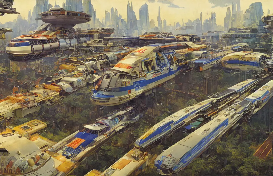 Prompt: a retro futurism elevated railway on colonized planet by robert mccall and john berkey | ralph mcquarrie :. 5 | unreal engine :. 3
