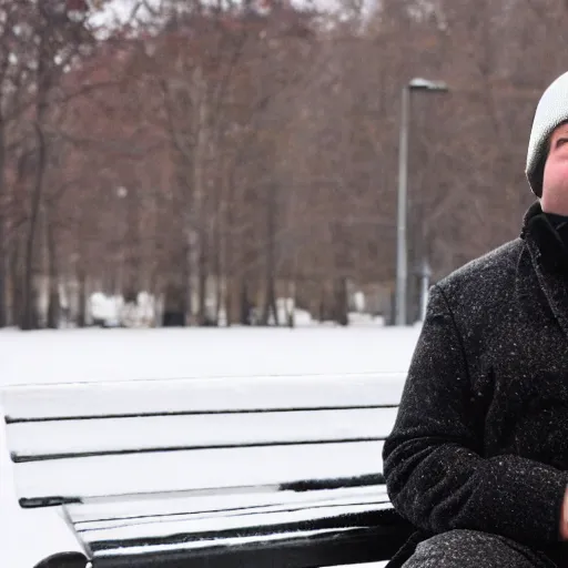 Image similar to Kevin Malone wearing a black beanie hat and black wool overcoat sitting on a park bench during the winter