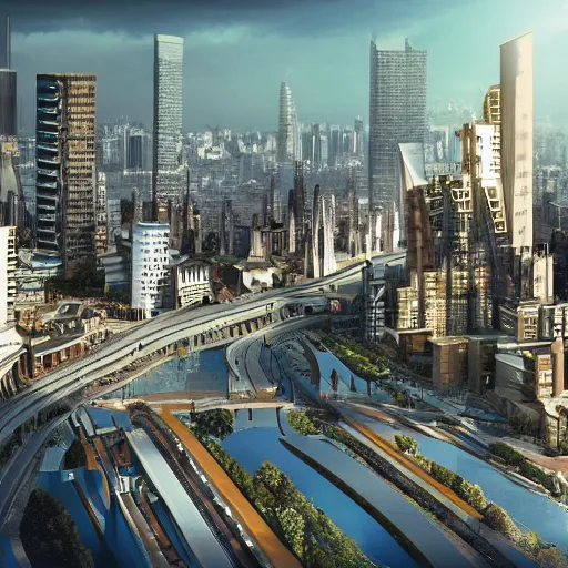 Prompt: a realistic photo of a city from the year 2 0 5 0, appealing, award winning, no text, high quality