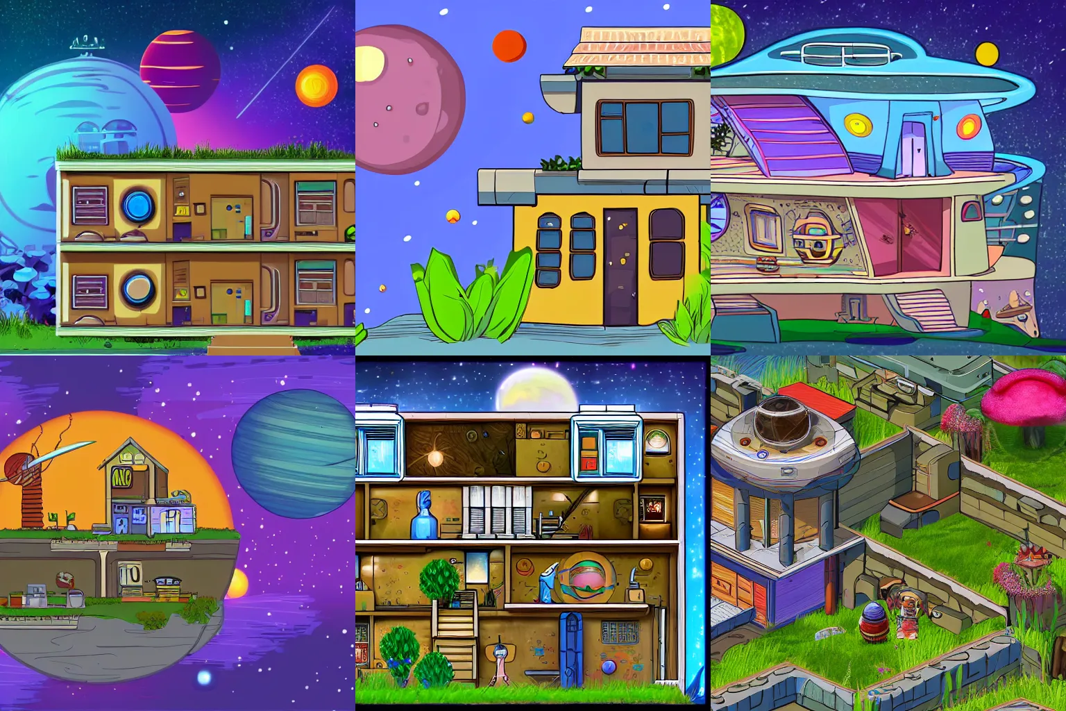 Prompt: a house that is part of a small colony on a strange planet, with native flowers and planets in front of it, from a space themed Serria point and click 2D graphic adventure game, high quality cartoon style graphics