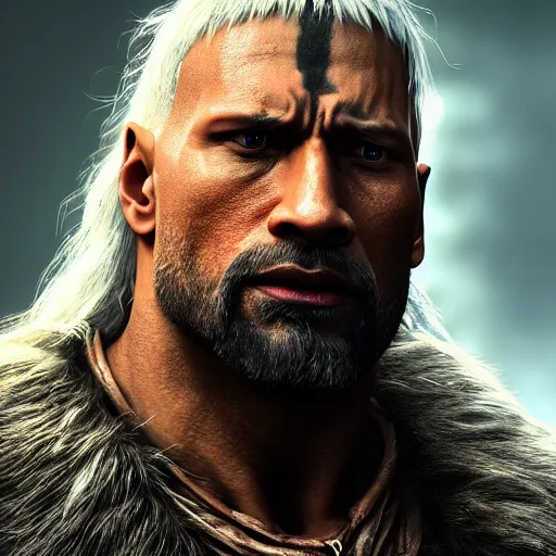 Prompt: a digital art close up portrait of pale demon dwayne johnson as ancient druid mage from dark souls, old witcher with long beard character sheet, 4 k, ultra detail, volumetric lighting, unreal engine, octane render