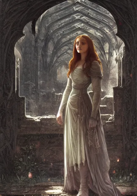 Prompt: sansa stark in foggy ruins of castle, intricate, elegant, highly detailed, digital painting, artstation, concept art, smooth, sharp focus, illustration, art by artgerm and greg rutkowski and alphonse mucha and william - adolphe bouguereau