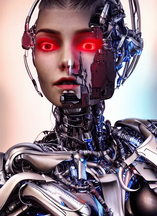 Image similar to photorealistic detailed full body picture of a female cyborg, pretty face with arms and legs, glamour pose, long hair, neon lights, humanoid, extreme, uhdr, book called the most influental cyborg in 2 0 5 0, fine details, highly detailed, intricate, smooth sharp focus, symmetrical features, environmental portrait, realistic render