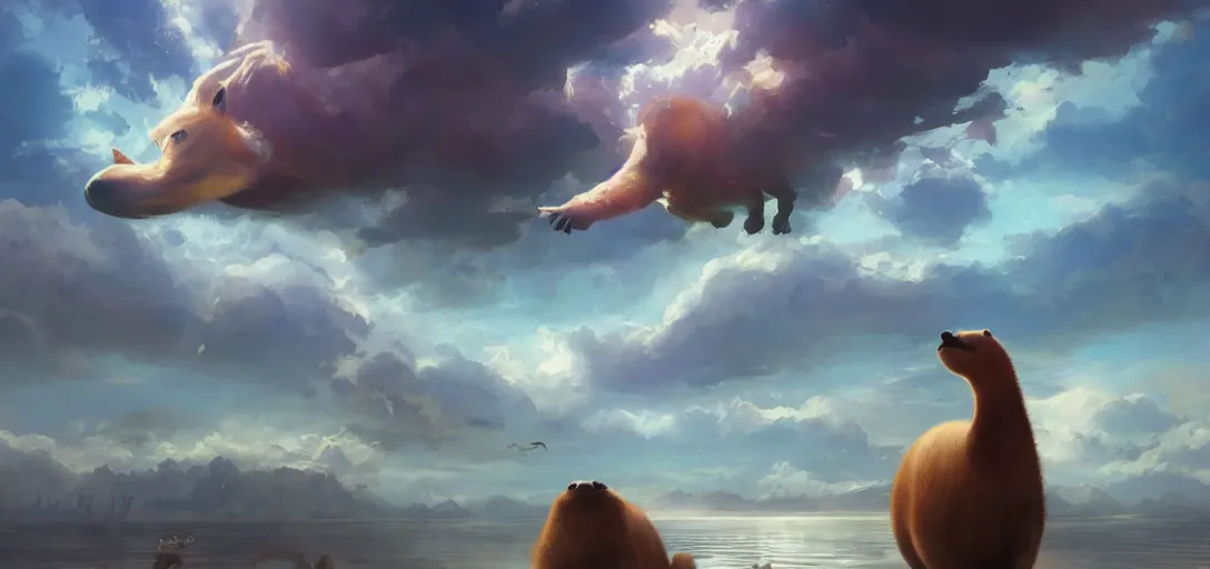 Prompt: A beautiful digital fantasy painting of a giant floating capybara migrating across the sky, trending on artstation, by Stanley Artgerm Lau, WLOP, Rossdraws, James Jean, Andrei Riabovitchev, Marc Simonetti, and Greg Rutkowski