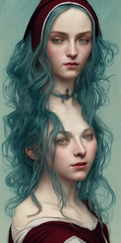 Prompt: a beautiful portrait of a fairy with teal colored hair with deep red highlight streaks in her hair dressed as a nun, intricate, elegant, highly detailed, digital painting, artstation, concept art, matte, sharp focus, illustration, art by greg rutkowski and alphonse mucha