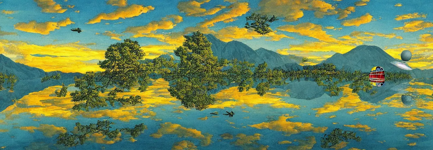 Prompt: escher painting of a lake, big trees reflecting on lake surface, mountains at background, an ufo in the air, fluffy clouds, sunset, yellow, green, red, snowy, ultra sharp, ultra detailed, happy, uplifting, colorized by salvador
