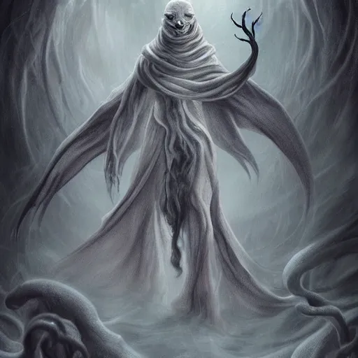 Image similar to concept designs for an ethereal ghostly wraith like figure made from wispy deep billowing smoke with a squid like parasite latched onto its head and long tentacle arms that flow lazily but gracefully at its sides like a cloak while it floats around a frozen rocky tundra in the snow searching for lost souls and that hides amongst the shadows in the trees, this character has hydrokinesis and electrokinesis for the resident evil village video game franchise with inspiration from the franchise Bloodborne and the mind flayer from stranger things on netflix in the style of a marvel comic