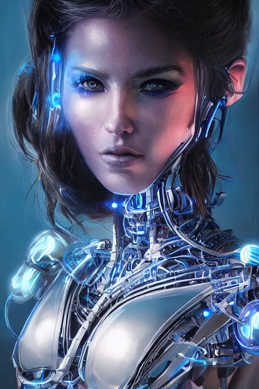 Image similar to a stunning robot woman with cybernetic enhancements, wires, led lights, glowing lights, futuristic, by artgerm and wlop and bosch